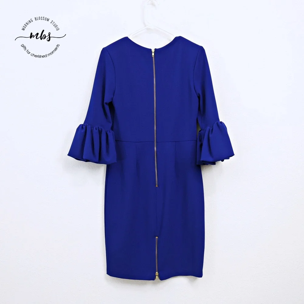Betsy & Adam Bell Sleeve Sheath Elegant Lined Cocktail Sheath Dress Blue Women 8